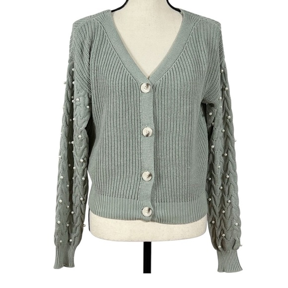 Jessica Simpson Sweaters - Jessica Simpson sage green button down sweater with pearls appliqué
